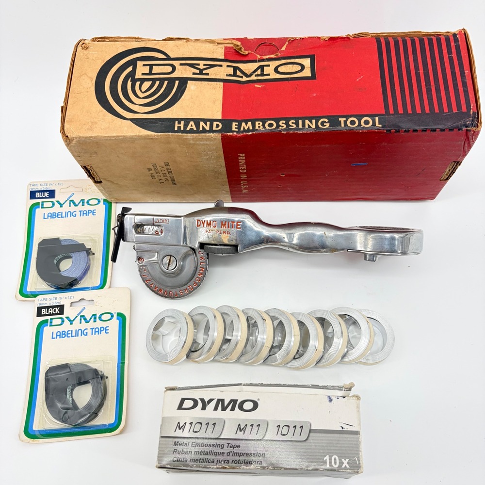 VTG 60s Dymo Mite Chrome Hand Embossing Tool Kit with Metal & Plastic Tape Rolls